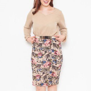 Blue Bell Ladies Sheath Dress V-Neck Long-Sleeve Beige Floral Size 3XL NWOT